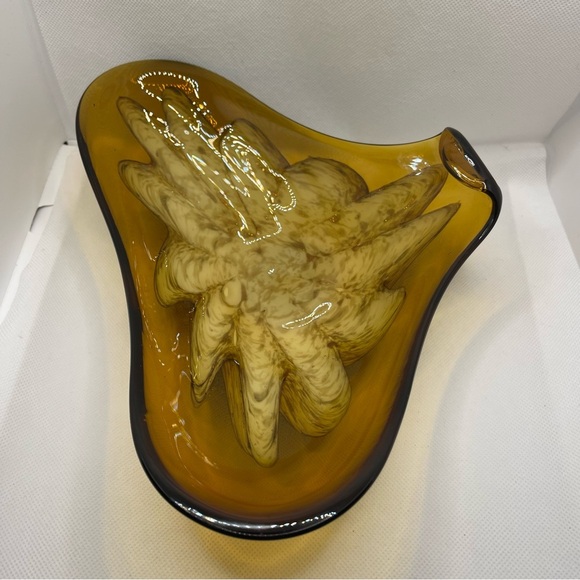 Art Glass Dish Princess House Burnt  Gold Flake Cream Flower Center MCM - Picture 8 of 12